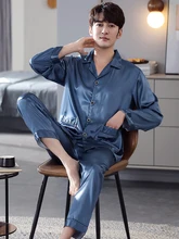 

Spring Men Pajamas 2 Pcs Ice Silk Sleepwear Set Solid Home Pants Blue Pijamas Long Sleeve Pjs Bedgown Homme Bedroom Pyjamas Suit