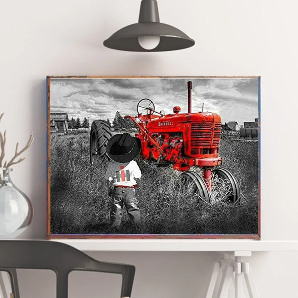 HUACAN – Kit complet de peinture diamant, perceuse, garçon tracteur, point de croix, broderie, paysage, mosaïque, noir et rouge, décoration de maison