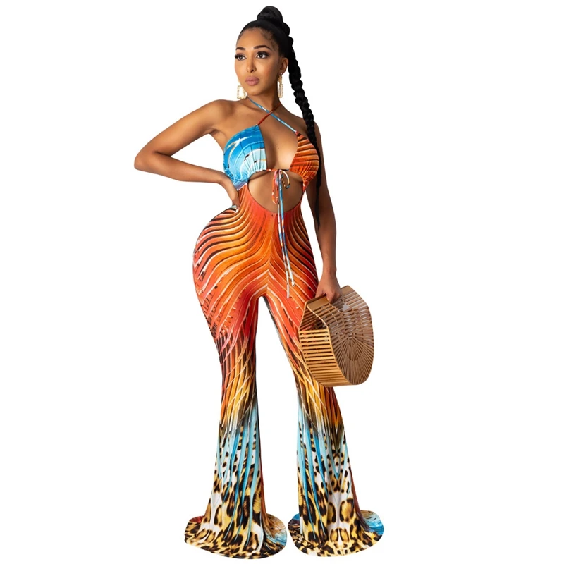 

Halter Bandage Sexy Jumpsuit Women Summer Festival Print Flare Pants Bodycon Jumpsuit Backless Skinny Overalls for Women Club