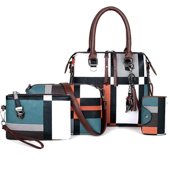 

Plaid Ladies Bag Tassel Wallet and Handbag Set 4 Pieces Female Green