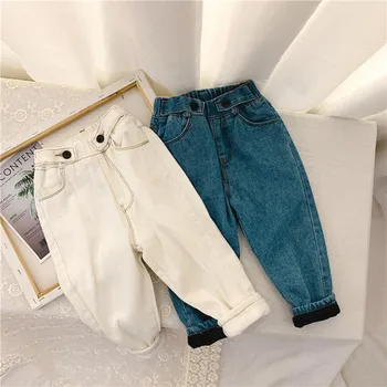 

2-6 Years Winter Girls Boys Thick Warm Fleece Jeans Pant Baby Kids Children Denim Trousers Two Colors
