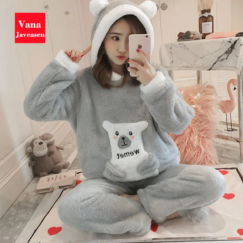 Vana Javeasen/осенне-зимние женские пижамные комплекты из кораллового флиса; Милая женская ночная рубашка с капюшоном и героями мультфильмов; домашняя пижама для студентов; Комплект для девочек - Цвет: Style17