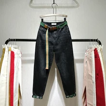 Черные штаны-шаровары женские новые джинсы весна и осень свободные джинсовые брюки с высокой талией студенческие женские повседневные брюки с поясом