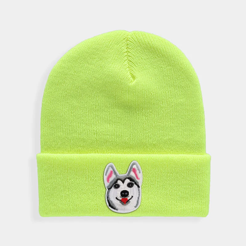 Fluorescent yellow Шапка бини, зимняя, унисекс, одноцветная, милая, с собачкой, женская шапка, Вязанная, для девочек, осенняя, для женщин, шапка бини, s, теплая, капот, женская, Повседневная шапка - Цвет: Fluorescent yellow