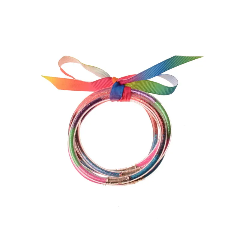 

Rainbery 5 PCS/Set Bowknot Mulitcolor Glitter Bangles Set 2019 All Weather Stack Silicone Plastic Glitter Jelly Bangles