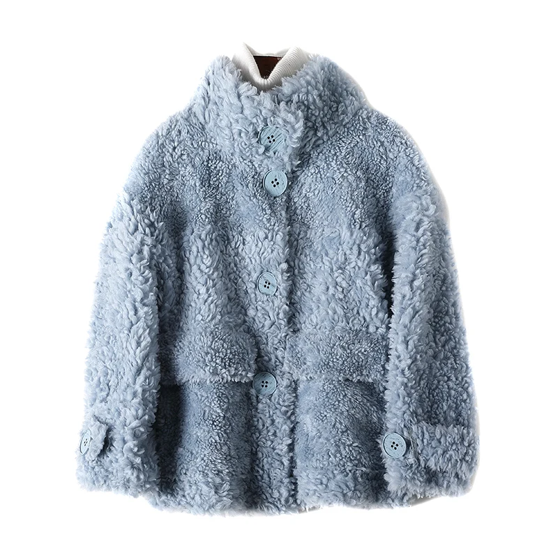 Новинка, женское шерстяное пальто, куртки, пальто с натуральным мехом, Женская овечья овчина, осенне-зимняя куртка A296 - Цвет: Синий