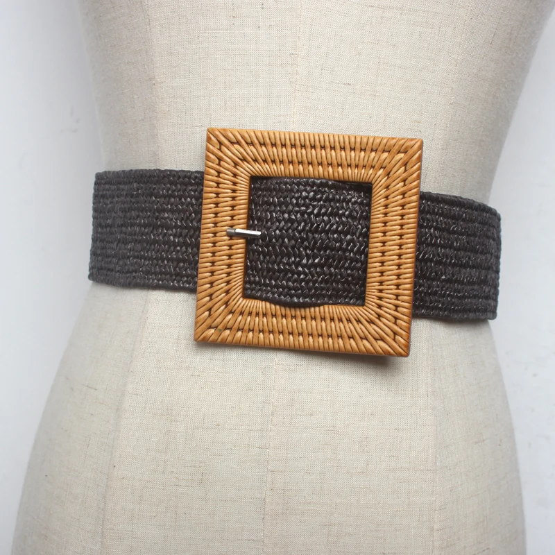 New Design Casual Girl Square buckle Big resin elastic belt Straw Belts Braided Woven Waistbands Hot Sale strap for dress coat