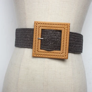 

New Design Casual Girl Square buckle Big resin elastic belt Straw Belts Braided Woven Waistbands Hot Sale strap for dress coat