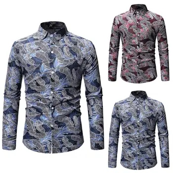 

Spring Autumn Leaves Print Men Shirt Fit Slim Long Sleeve Turn Down Collar Top Men's Shirts