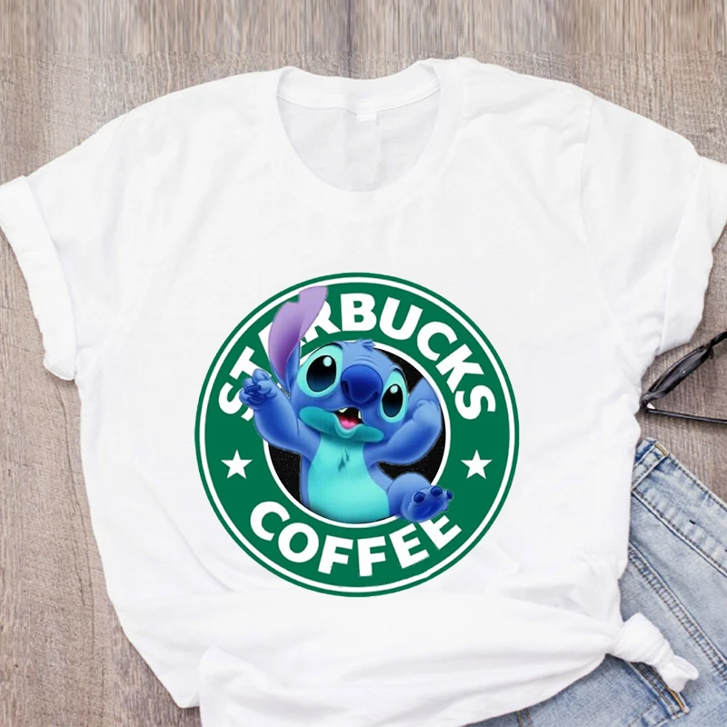 Women Cartoon Stitch Print Short Sleeve 90s Coffee Dog Cute Womens Summer Lady Clothing T-Shirt Shirt Tops Tees Female T | Женская