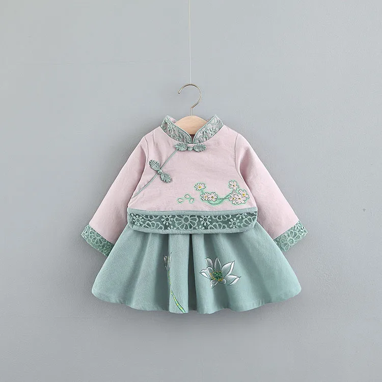 New Baby Dress Girl Baby Vertical Collar National Style Long Sleeve Chinese Dress Children One Piece Clothing Gift Cute Fashion - Цвет: Зеленый