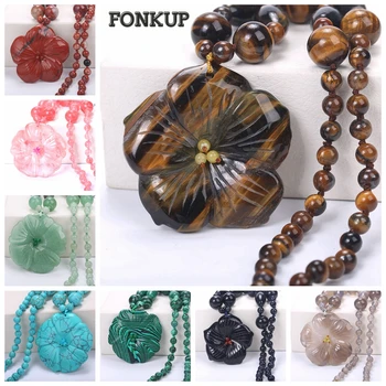 

Natural Stone Tiger eye Necklace Flower Pendant Women Choker Bead Chain Jewelry Popular Femme Accessories Rose Quartz Ornaments