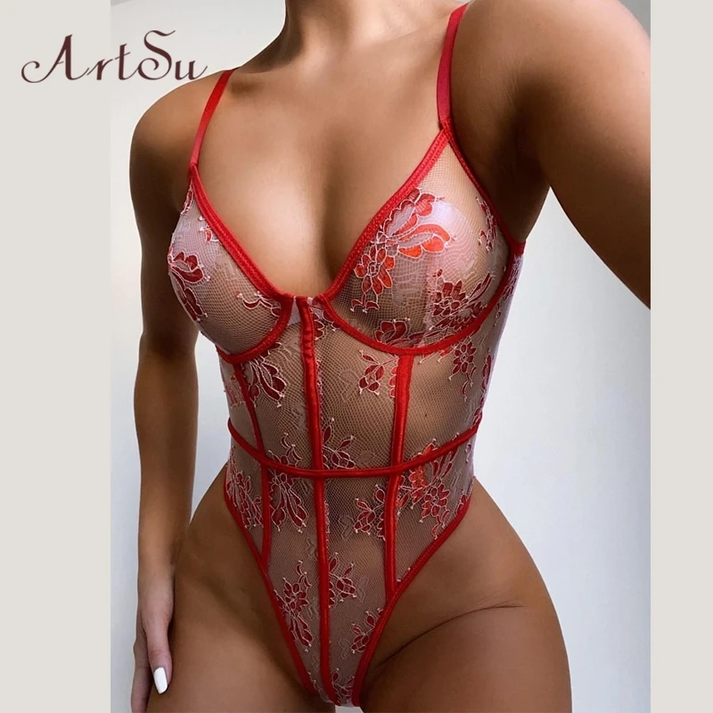 Artsu Red Sexy Lace Floral Embroidery Bodysuit Women Lingerie Sets Party Transparent Body See Through Rompers Female Body Suit Artsu Red Sexy Lace Floral Embroidery Bodysuit Women Lingerie Sets Party Transparent Body See Through Rompers Female Body Suit
