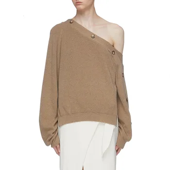 

Solid Color Diagonal Shoulder Knitting Shirt Female 2020 Season Sexy Off Shoulder Long Sleeve Loose Sweater Female