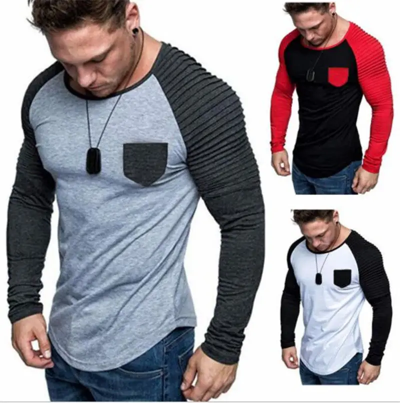 

Contrast Color Designer Mens Tshirts O Neck Striped Printed Pocket Mens Tops Autumn Casual Mens Tees