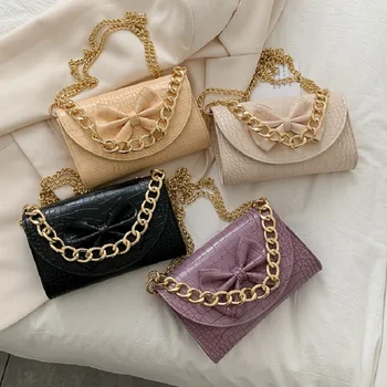 

PU Leather Alligator Pattern Baguette Bag for Women Casual Fashion Crossbody Chain Shoulder Messenger Bags Female Bowknot Purse