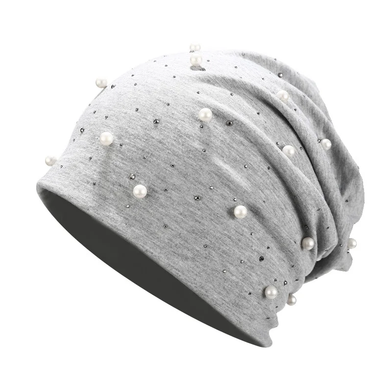 light grey New Fashion Pearl Women Skullies Beanies Winter Women's Hat Solid Color Female Beanie Soft Bonnet Warm Girls Cotton A Cap - Цвет: light grey