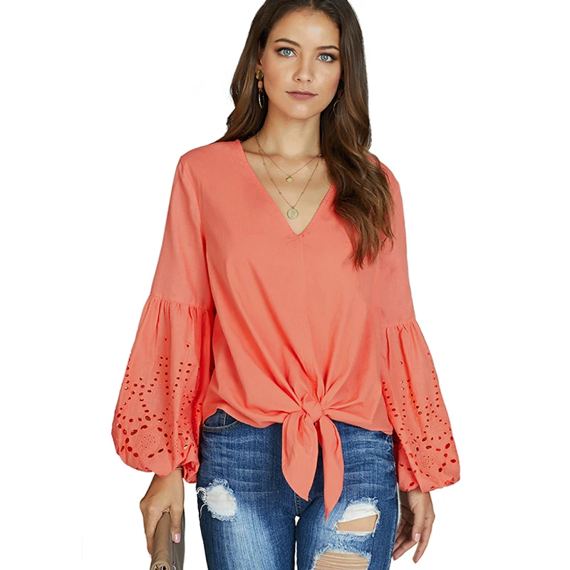 

Womens Clothing Tops and Blouses Solid V-Neck Hollow Out Yellow Long Sleeve Top Loose Shirt Vintage Korean Fashion Casual Top