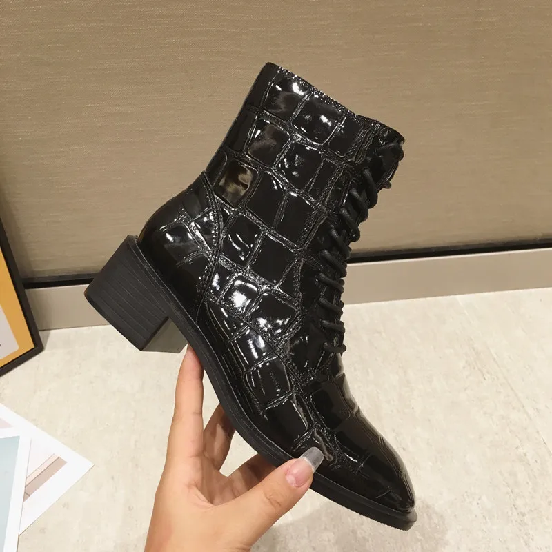 Autumn & Spring Women's Boots Europe Style Crocodile Grain PU Female Lace-Up Boot Thick Heels Martin OULYYYOGO | Обувь
