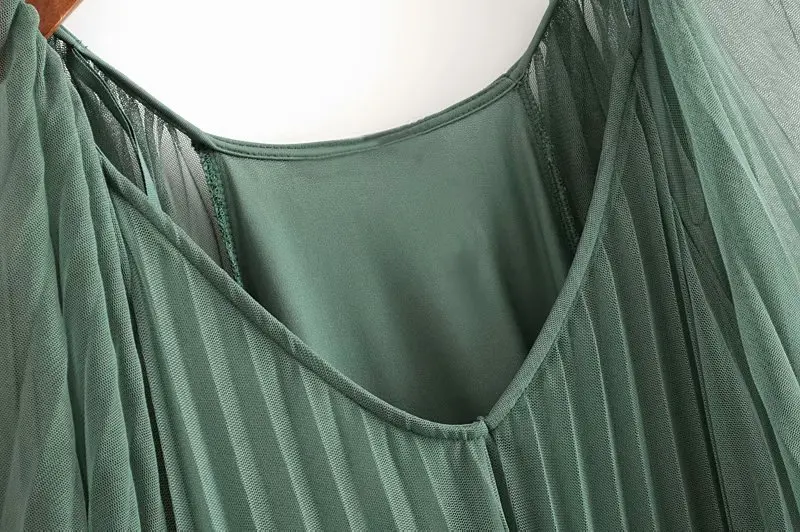 Летнее платье, женское винтажное однотонное Сетчатое элегантное плиссированное платье, женское сексуальное Полупрозрачное платье средней длины с v-образным вырезом и коротким рукавом