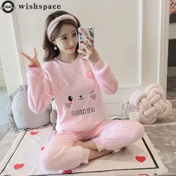 Han Edition Student Lovely Long Sleeve Pajamas Women Coral Fleece Winter Season with Thick Flannel Big Yards Household to Take