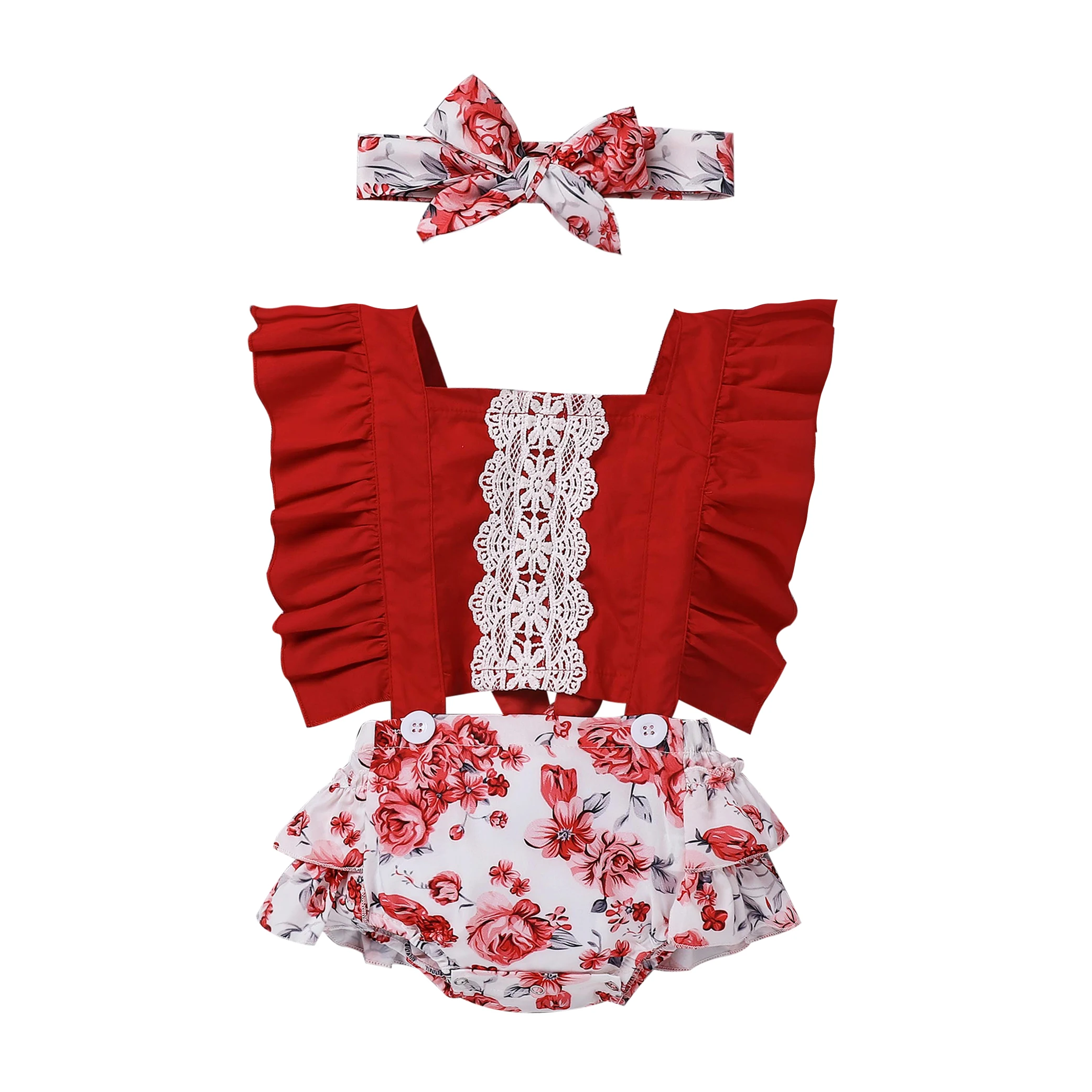 

2Pcs Infant Summer Baby Girls Sweet Style Lace Decoration Fly Sleeve Floral Printing Bodysuit Splicing Jumpsuit+Bow Headwear Set