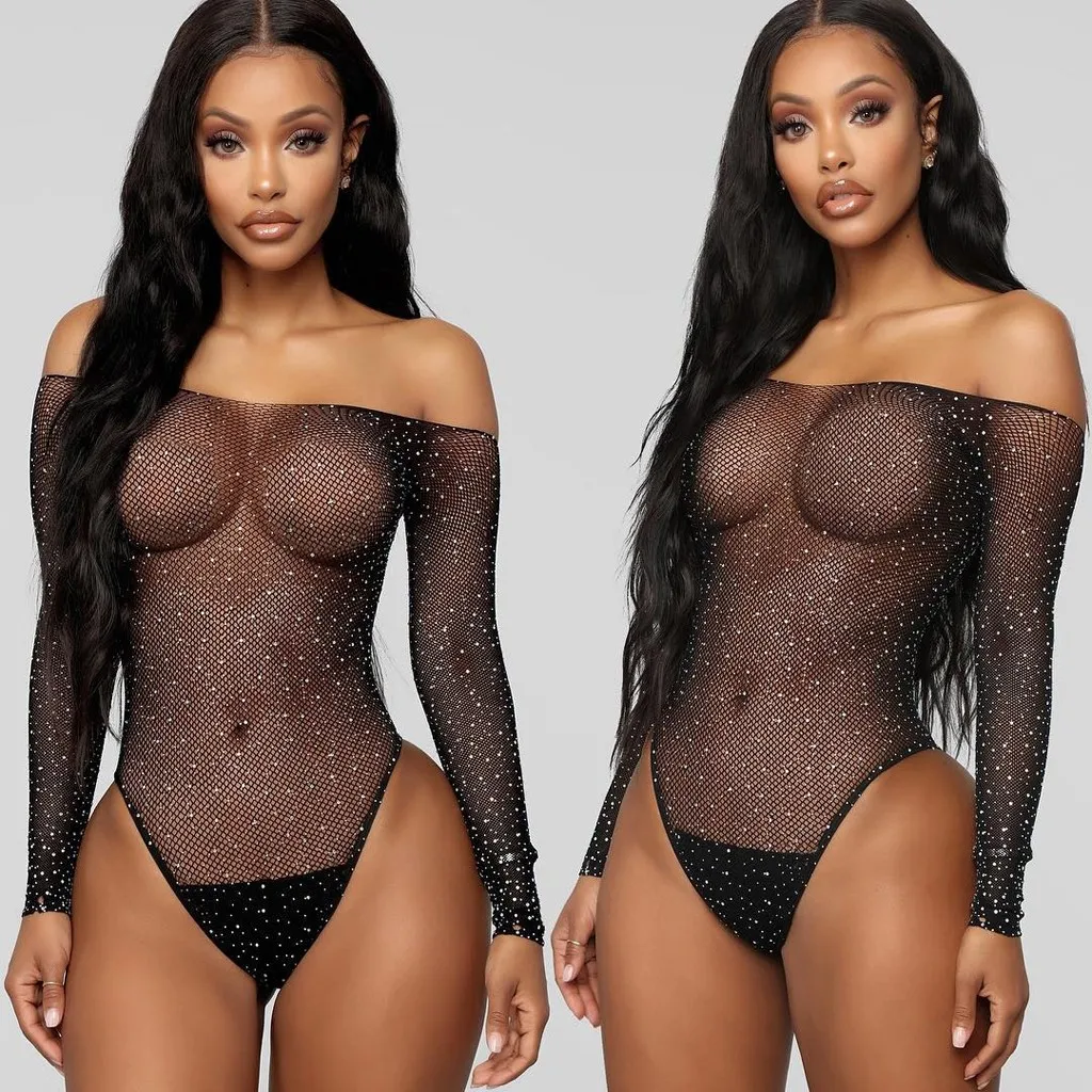 Women Black Lace Fishnet Erotic Clothes Fetish Bodysuit For Sex Rhinestone Lingerie Off- Shouder Jumpsuit | Тематическая одежда и