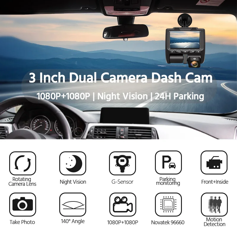 E ACE B42 Автомобильный видеорегистратор 2 объектив камеры 3 дюйма 1080P + Dashcam DVR мини