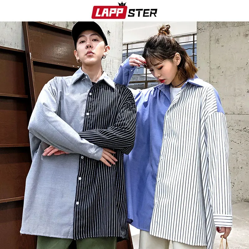 

Men Patchwork Long Sleeve Shirts 2019 Mens Streetwear Korean Fashion Shirt Couple Summer Hip Hop Harajuku Shirts