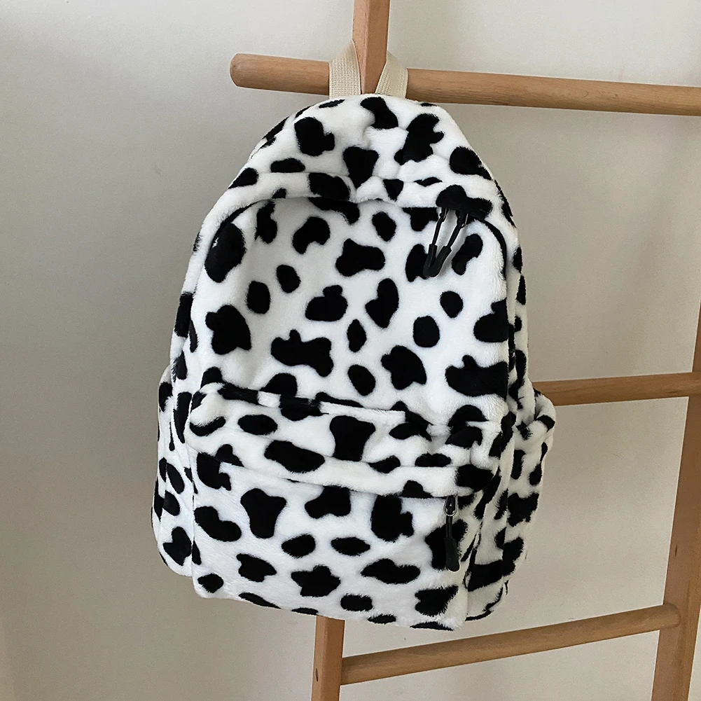 Casual  Plush Backpack School Shoulder Bag Women Animal Cow Pattern Travel Rucksack Lady Teenager Student Capacity Backpack stylish camera bag