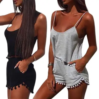 

Women 2 Piece Outfits Spaghetti Strap Camisole Mid Rise Sports Shorts Solid Color Jumpsuit Pompom Tassels Trim Running Tracksuit