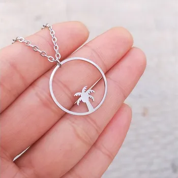 

10 pcs Geometric Charm Pendant Necklace Stainless Steel Circle Necklace Fashion Palm Tree Bijoux Femme Wholesale
