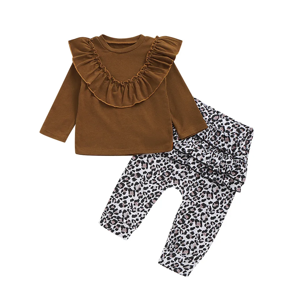 

2Pcs Newborn Infant Baby Girl Ruffle Pure Color Tops+Leopard Print Leggings Pants Clothes Outfit Set Long Sleeve Autumn
