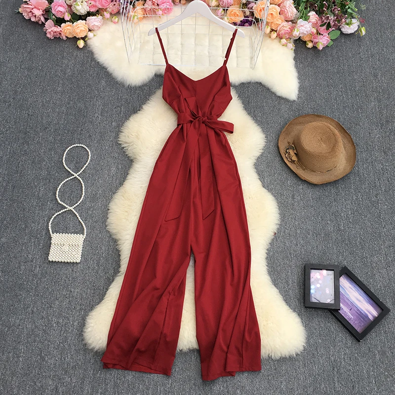 

Fitaylor New Summer Women Casual Loose High Waist Bandage Suspender Jumpsuit Office Lady Fashion Solid Color Wide Leg Pants