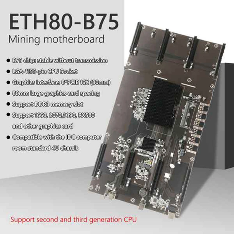 ETH80 B75 BTC Mining Motherboard+G630 CPU+Switch Cable 8XPCIE 16X 