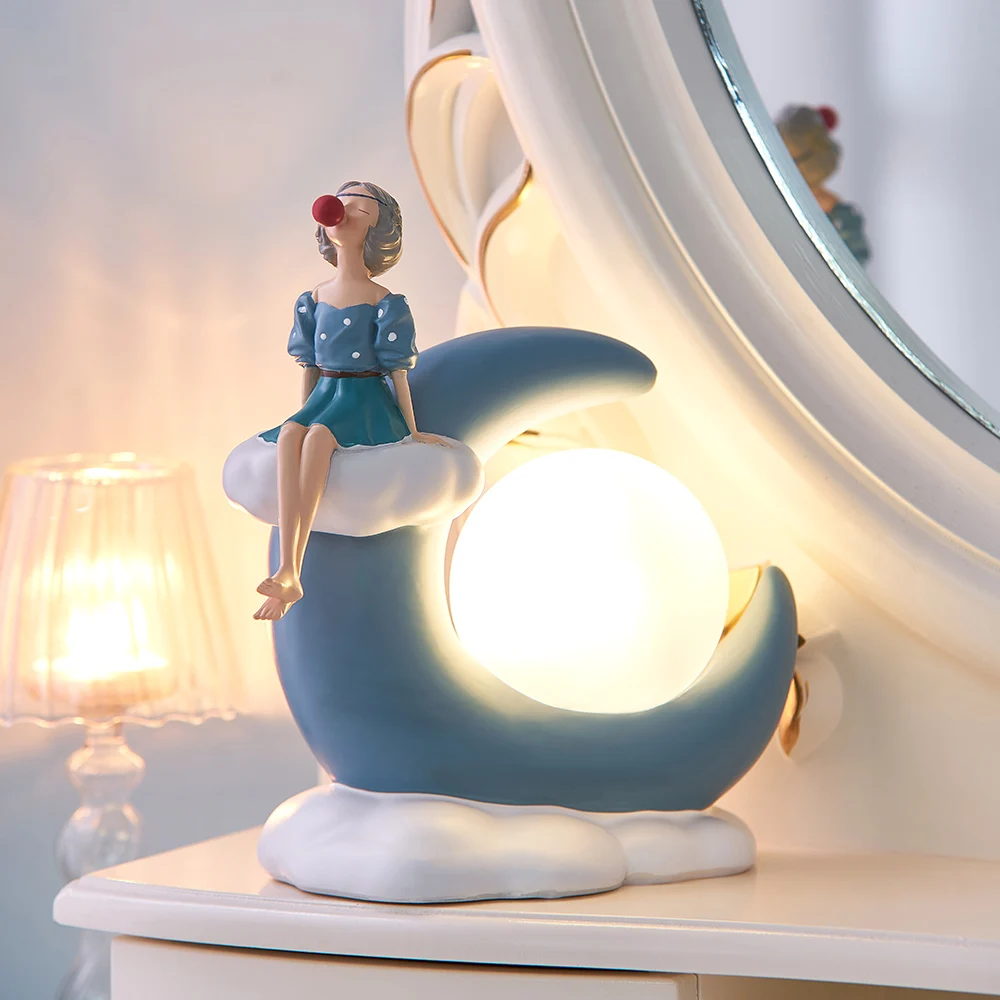 Modern LED Night Light Resin Girl Figurines Moon Ornaments Home Decor