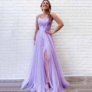 

Eightree Spaghetti Straps Prom Dresses Lace Appliques Long Evening Dresses Tulle Side Slit Backless Party Gown Vetidos de festa