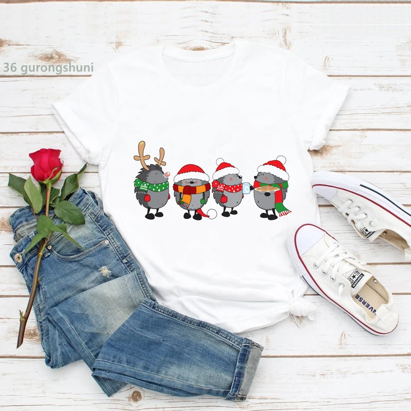Забавная женская футболка с рисунком рождественских ежиков, футболка с принтом, женская футболка с милым рисунком ежиков, летняя женская футболка в стиле Харадзюку, топы