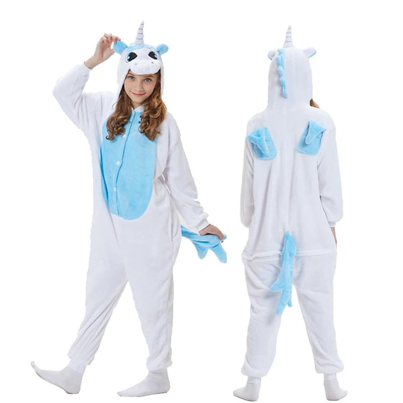 Boy Girl Pajamas Unicorn Winter Children Pajamas Cartoon Animal Panda Onesie Kigurumi Pyjama Kids Hooded Baby Sleepwear Jumpsuit - Цвет: Blue Unicorn