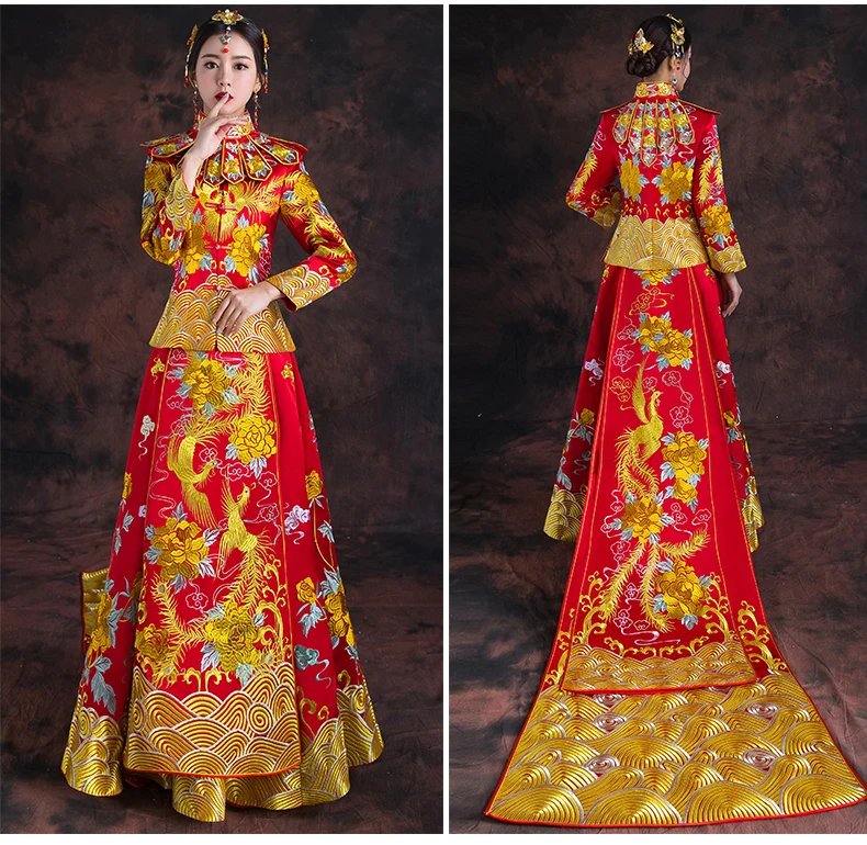 Королевский феникс свадебный Cheongsam костюм винтажный китайский стиль торжественное платье Красный невесты традиционный костюм Тан вышивка Qipao