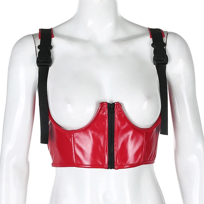 Darlingaga Streetwear Punk PU Leather Crop Top Women Buckle Zipper Gothic Tank Top Suspenders Strap Summer Tops Camisole Clothes