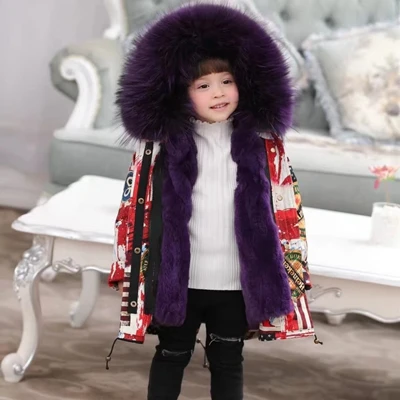 Red Voilet Fur Зимние детские парки с натуральным мехом Куртка с граффити меховые куртки для мальчиков теплая одежда для девочек съемная подкладка из меха кролика - Цвет: Red Voilet Fur