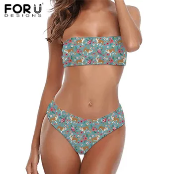 

FORUDESIGNS Biquinis Set Female Bulldog Boston Terrier Dog with Flower Two Pieces Ruffle Swimming Bathing Suits Push Up Bikini