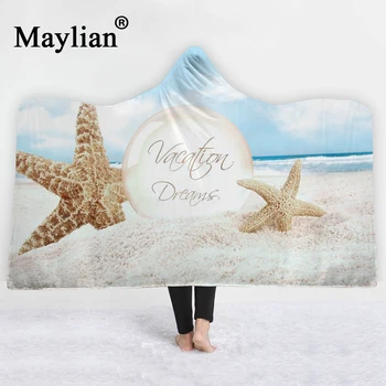 

3D Sea star conch seaside Beach Hooded Blanket Sherpa Fleece Ocean Blue Wearable plush Throw Blanket on Bed Sofa Thick warm B36