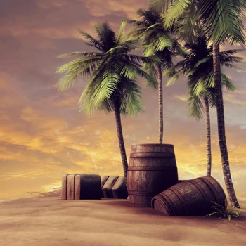 

Laeacco Summer Tropical Wooden Jar Treasure Ship Pirate Palms Tree Beach Baby Scenic Photo Background For Photography Backdrop