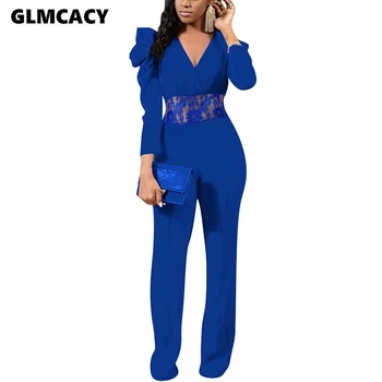 

Women Long Puff Sleeve Lace Insert Jumpsuit Solid Long Elegant Workwear Classy OL Streetwear Casual Jumpsuits