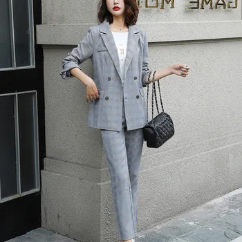

Set ladies 2019 new autumn temperament fashion wild street trend Slim thin solid color plaid casual women's clothes set