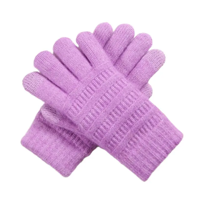 Женские зимние вязаные перчатки на весь палец с сенсорным экраном, толстые плюшевые теплые Однотонные эластичные магические перчатки - Цвет: Фиолетовый