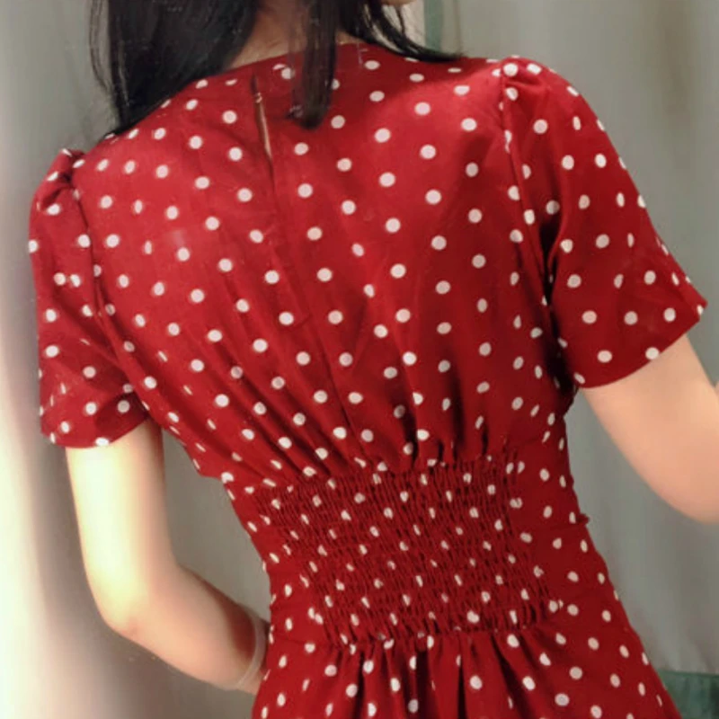 Short Sleeve Dress Women V-neck Polka-dot Chiffon Elegant Chic Single-breasted Chic Slender Sexy High-waist Korean Retro Grils homecoming dresses