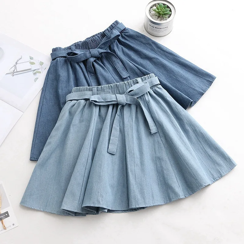

Sweet Spring New Style Artistic Versatile Solid Color High-waisted Elastic Waist Slimming Cowboy Pleated Skirt Short Skirt Women